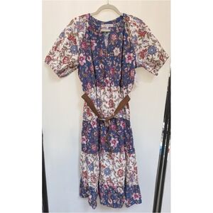 NWT Harlow & Rose Cotton Puff Sleeve Floral Print Midi Dress w/ Belt Size Large